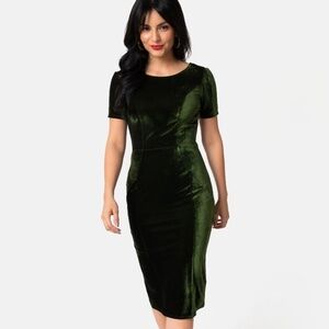 NWT Unique Vintage Olive Green Velvet Short Sleeve Mod Wiggle Dress